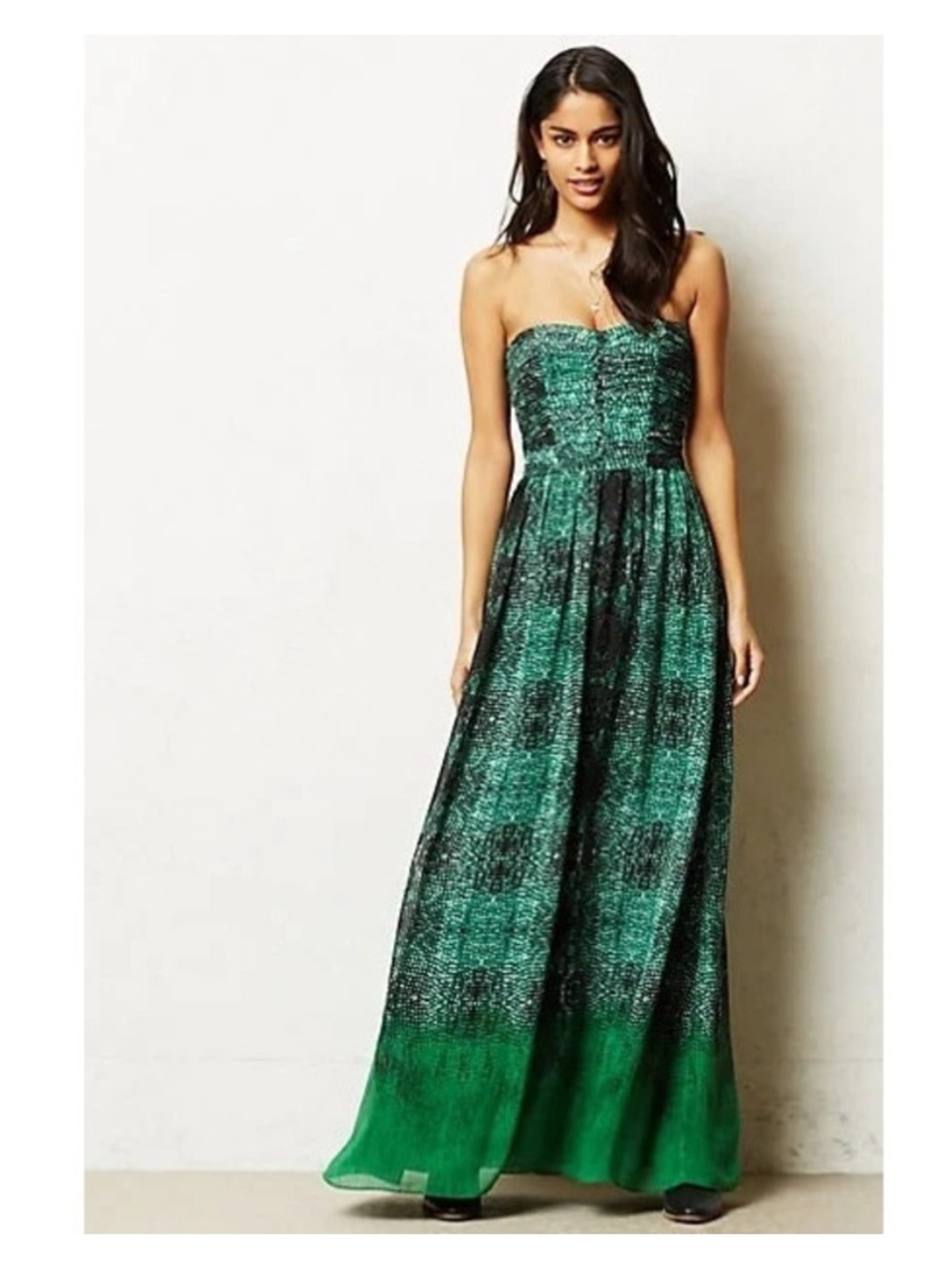 Anthropologie Moulinette Soeurs Vernalis green maxi dress strapless snakeskin 4P
